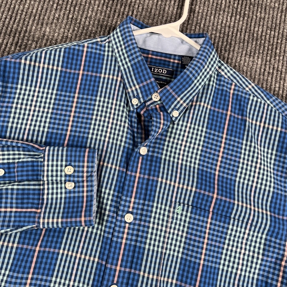 IZOD Shirt Mens Medium Blue Check Long Sleeve Button Down Casual Comfort